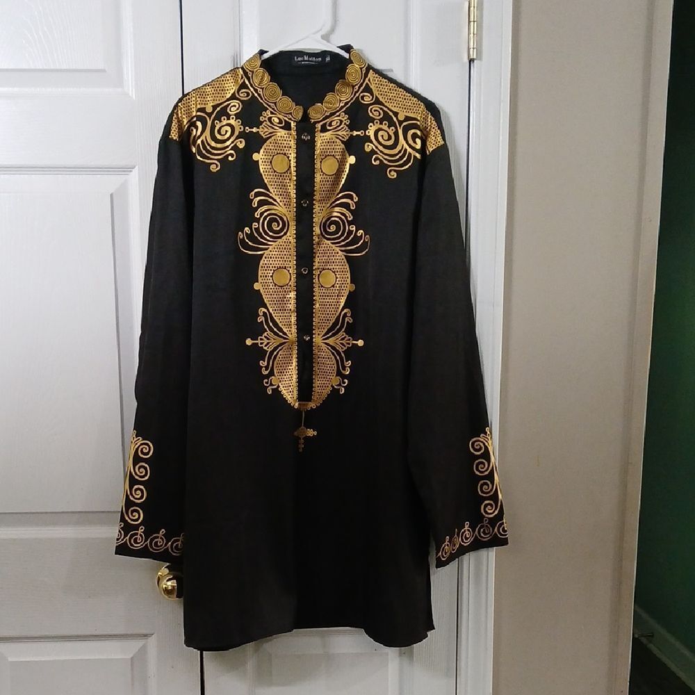 Luc Matton Men's Traditional Dashiki Black Gold Shirt Sz XL NWOT